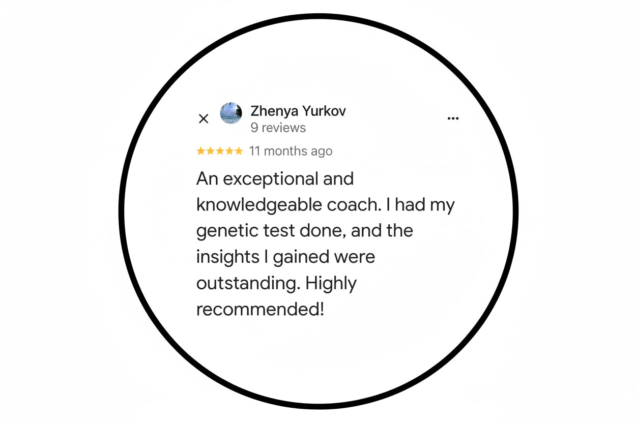 Five-star review from Zhenya Yurkov praising a coach for genetic test insights.