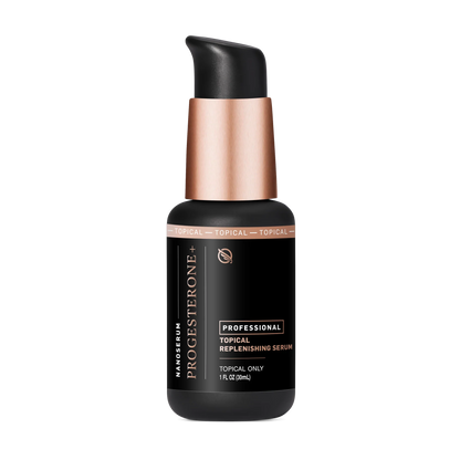 Black serum bottle with rose gold cap on a white background