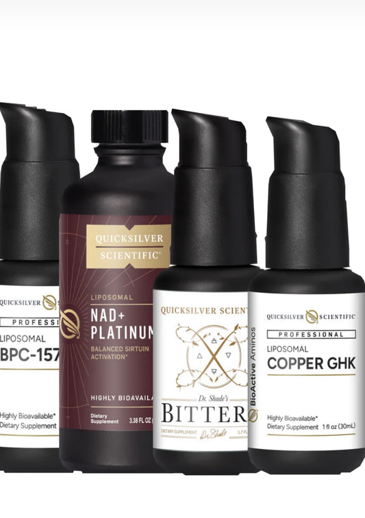 Collection of Quicksilver Scientific dietary supplement bottles on a white background