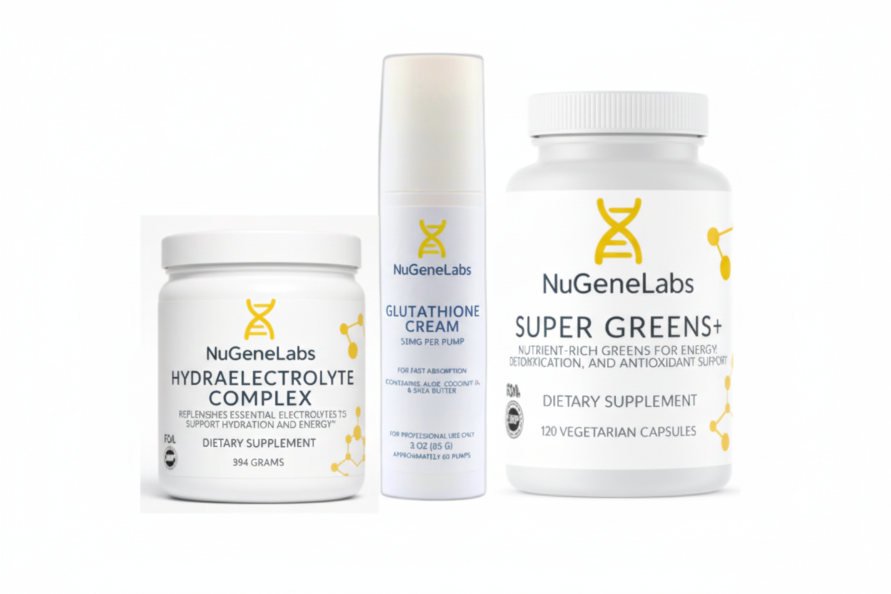 Three NuGeneLabs supplement bottles on a white background