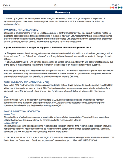 A scanned medical document page with the title 'Commentary' at the top, a patient ID field, and a clinical text section discussing methane production and breath testing. The page is mostly white with black text and a small red 'Page 3' label in the top right.