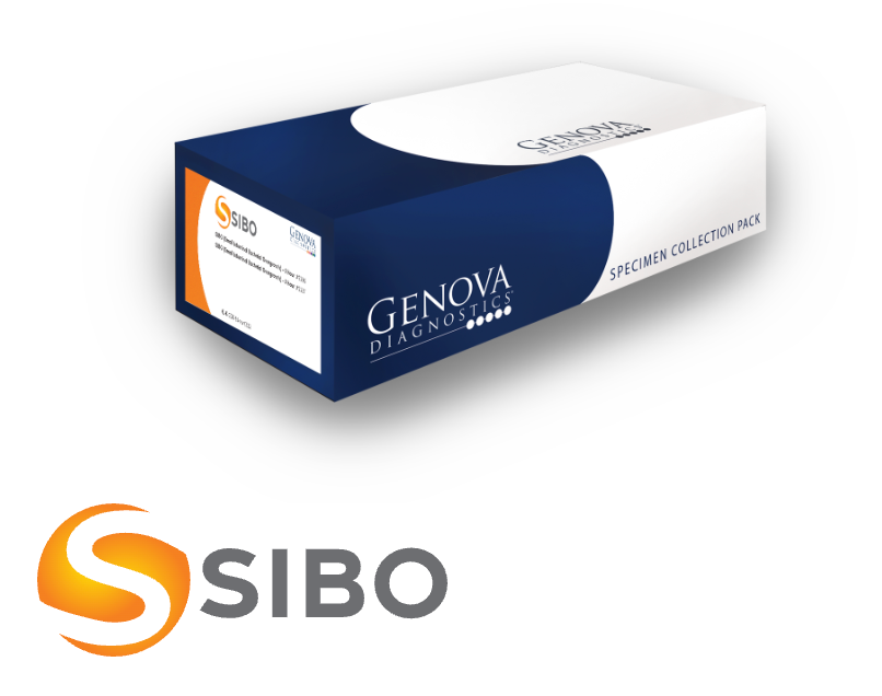 A box of SIBO Genova Diagnostica Specimen Collection Pack, featuring a navy blue and white packaging design with an orange accent stripe and logo. The SIBO logo is also displayed below the box on a clean white background.