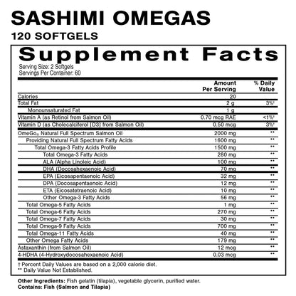 Nutritional label for Sashimi Omegas supplement with supplement facts.