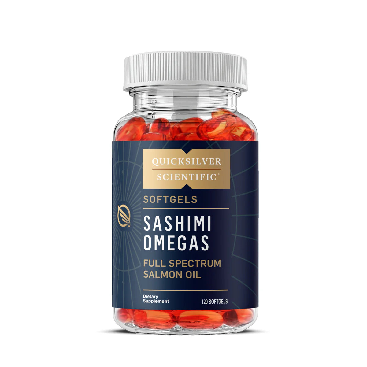 Bottle of Quicksilver Scientific Sashimi Omegas Full Spectrum Salmon Oil softgels on a white background