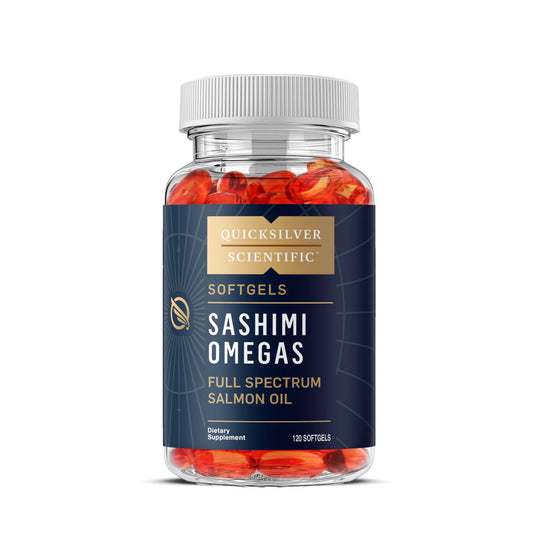 Bottle of Quicksilver Scientific Sashimi Omegas Full Spectrum Salmon Oil softgels on a white background