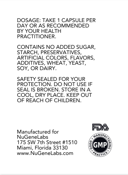 Back of a supplement bottle with suggested usetext and NuGeneLabs branding