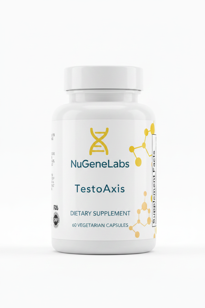 NuGeneLabs TestoAxis dietary supplement bottle on a white background