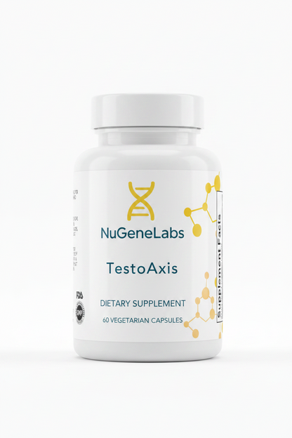 NuGeneLabs TestoAxis dietary supplement bottle on a white background