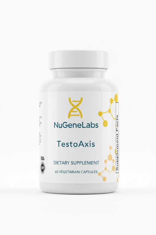 NuGeneLabs TestoAxis dietary supplement bottle on a white background
