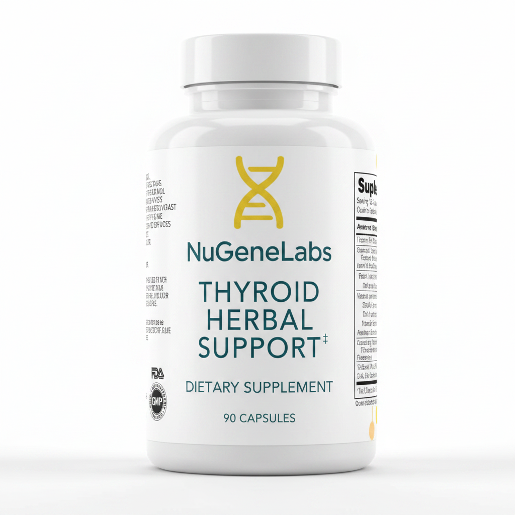NuGeneLabs Thyroid Herbal Support supplement bottle with text and logos.