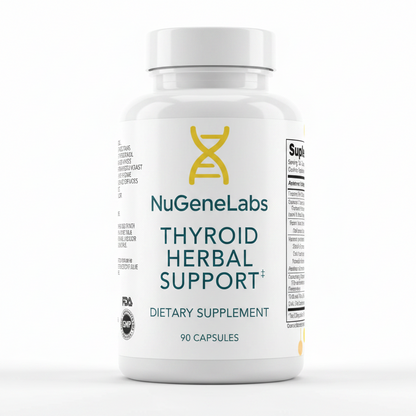 NuGeneLabs Thyroid Herbal Support supplement bottle with text and logos.