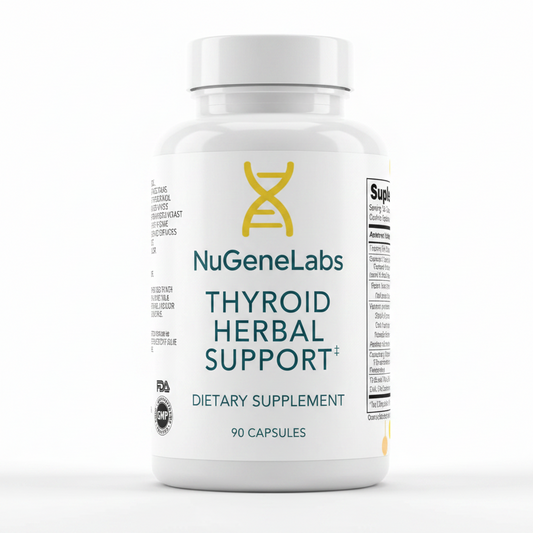 NuGeneLabs Thyroid Herbal Support supplement bottle with text and logos.