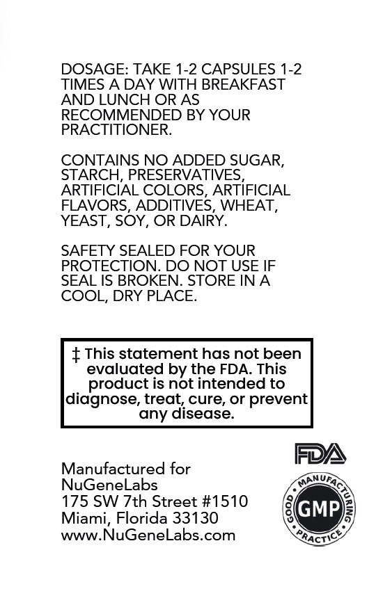 NuGeneLabs Product label with dosage instructions and safety information on a white background