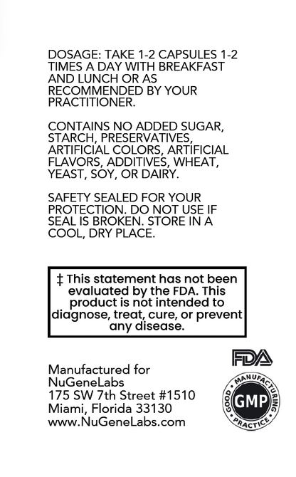 NuGeneLabs Product label with dosage instructions and safety information on a white background
