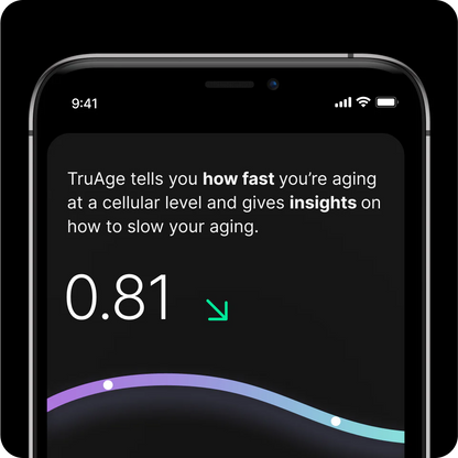 Phone screen displaying TruAge app with aging measurement on a black background