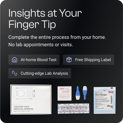 Promotional graphic for an at-home blood test service with text and product images on a black background.