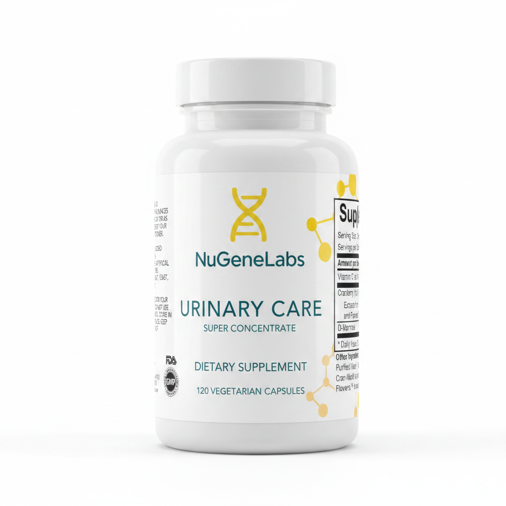 NuGeneLabs urinary care supplement label bottle with ingredients and dosing information.