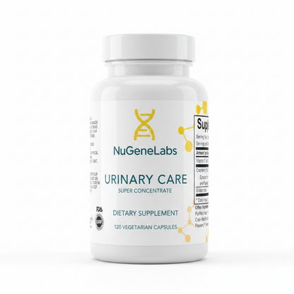 NuGeneLabs urinary care supplement label bottle with ingredients and dosing information.