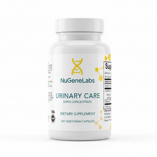 NuGeneLabs urinary care supplement label bottle with ingredients and dosing information.