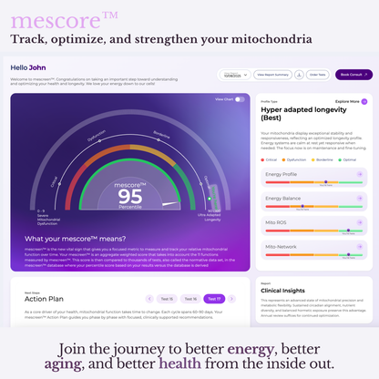 Mescore mitochondrial health assessment tool with a user profile and detailed metrics on a purple background.