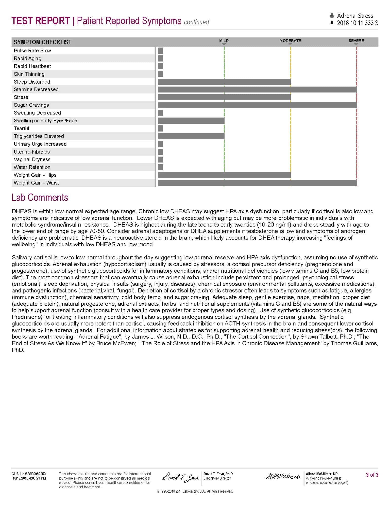 A medical test report page titled 'TEST REPORT | Patient Reported Symptoms continued' with a symptom checklist table, clinical notes, and signatures at the bottom. This is not a product photo, not packaging, and not one of the auxiliary ecommerce image types like measurement chart, color swatch, or instruction diagram; it is a document-style preview, so subject_type is Other.