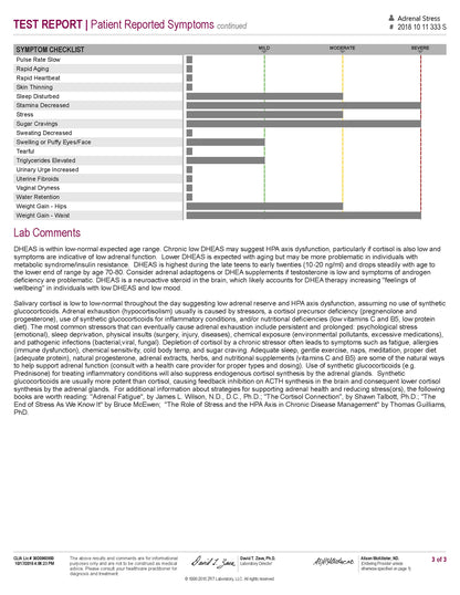 A medical test report page titled 'TEST REPORT | Patient Reported Symptoms continued' with a symptom checklist table, clinical notes, and signatures at the bottom. This is not a product photo, not packaging, and not one of the auxiliary ecommerce image types like measurement chart, color swatch, or instruction diagram; it is a document-style preview, so subject_type is Other.