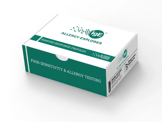 IgE Allergy Explorer testing kit box on a white background