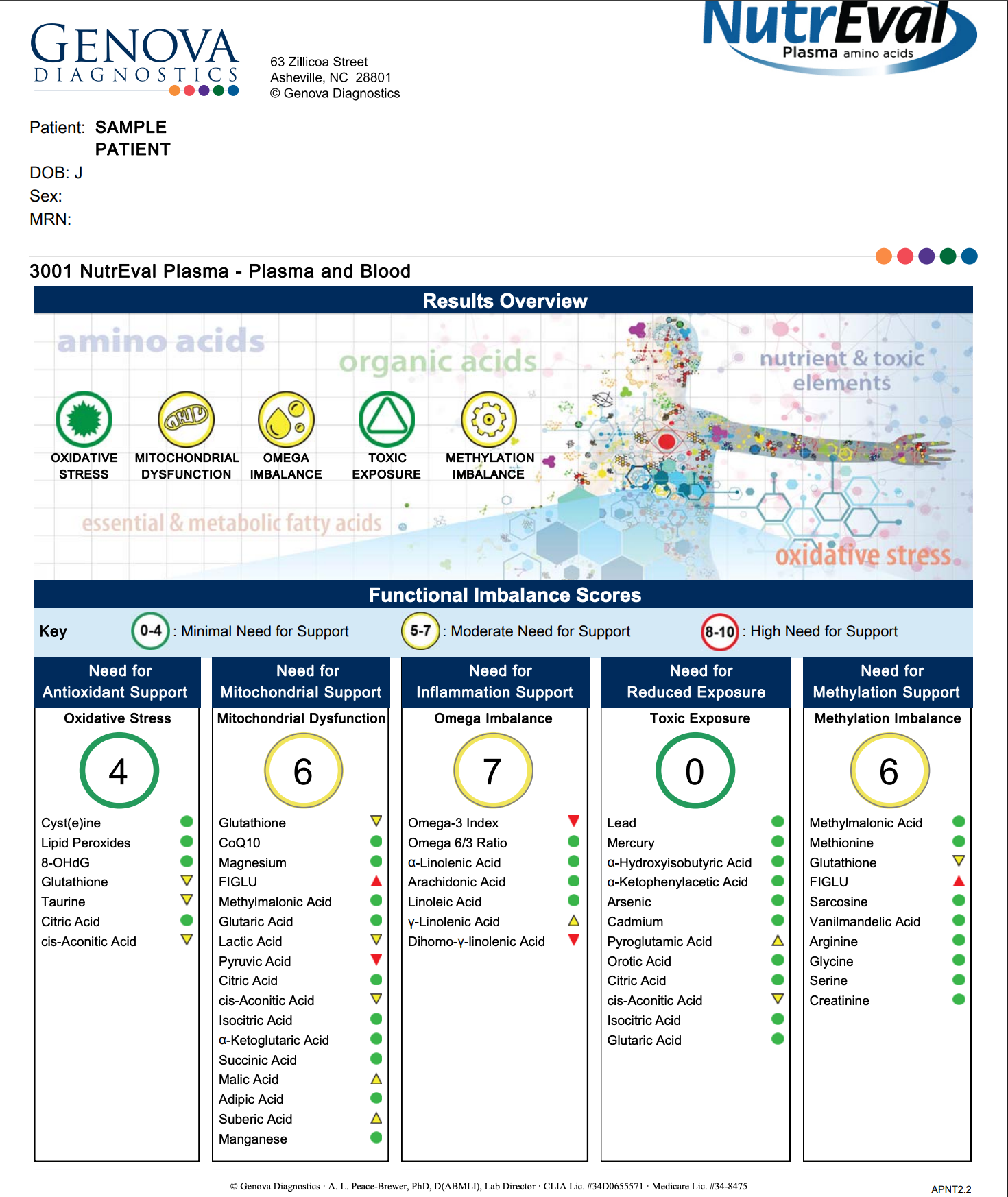 A medical results summary sheet from Genova Diagnostics and NutriEval Plasma, displaying functional imbalance scores for amino acids, organic acids, and toxic metabolites on a white background with blue headers. Provided by NuGeneLabs.