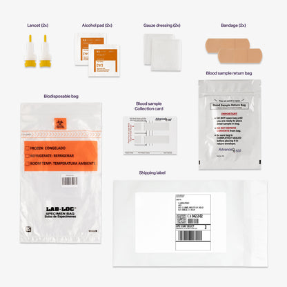 Collection of medical supplies including lancets, alcohol pads, gauze dressings, bandages, a biodisposable bag, blood sample collection card, and shipping label on a white background.