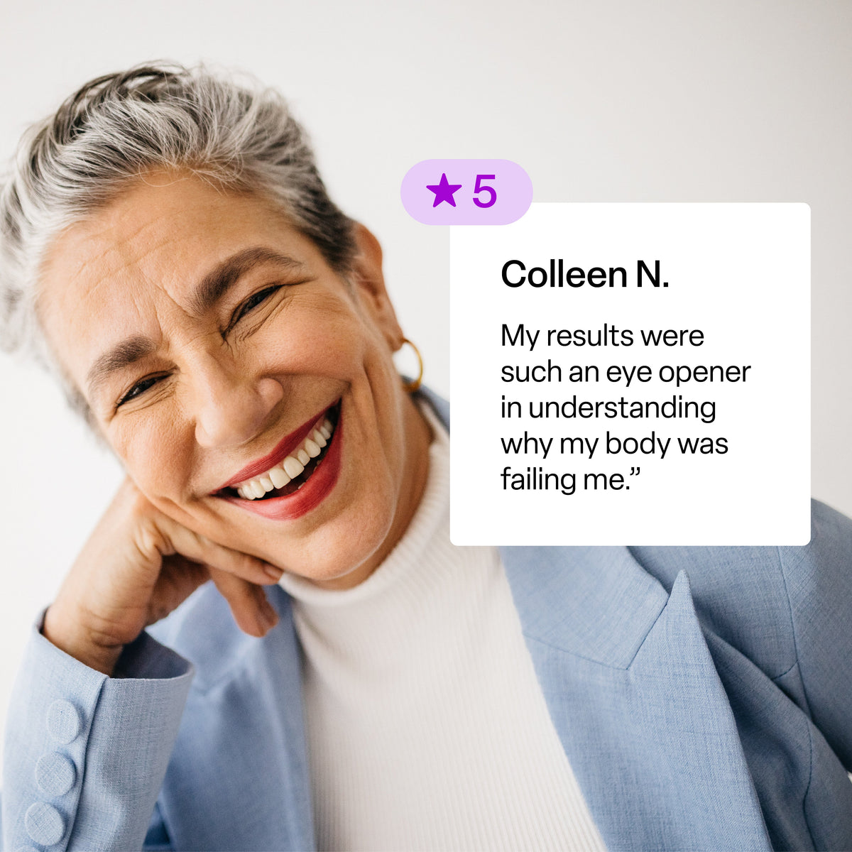 Woman with gray hair smiling, wearing a light blue blazer over a white shirt, with a text overlay about her positive experience.