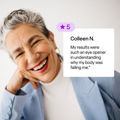 Woman with gray hair smiling, wearing a light blue blazer over a white shirt, with a text overlay about her positive experience.