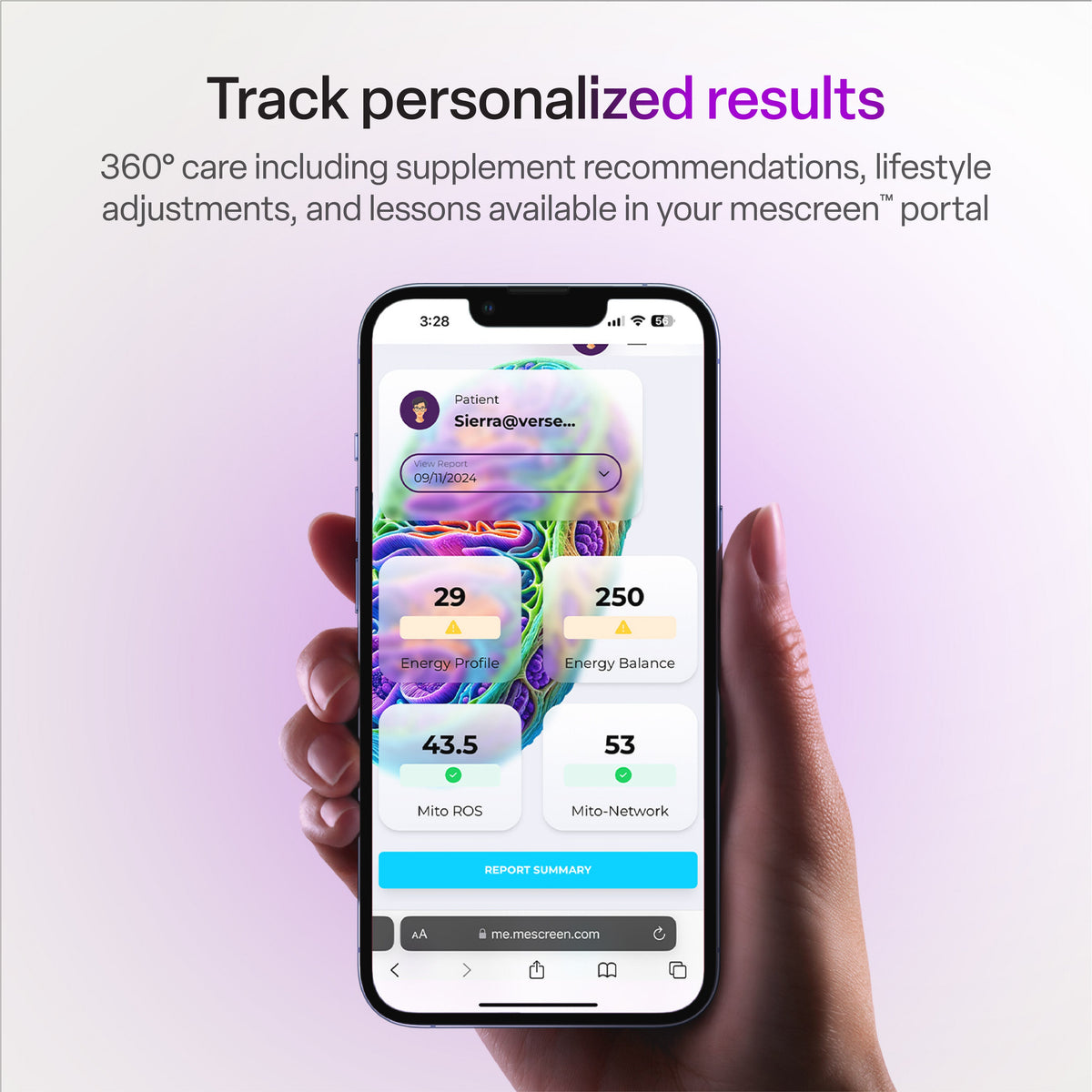 Hand holding a smartphone displaying a personalized health app with text about personalized results tracking.