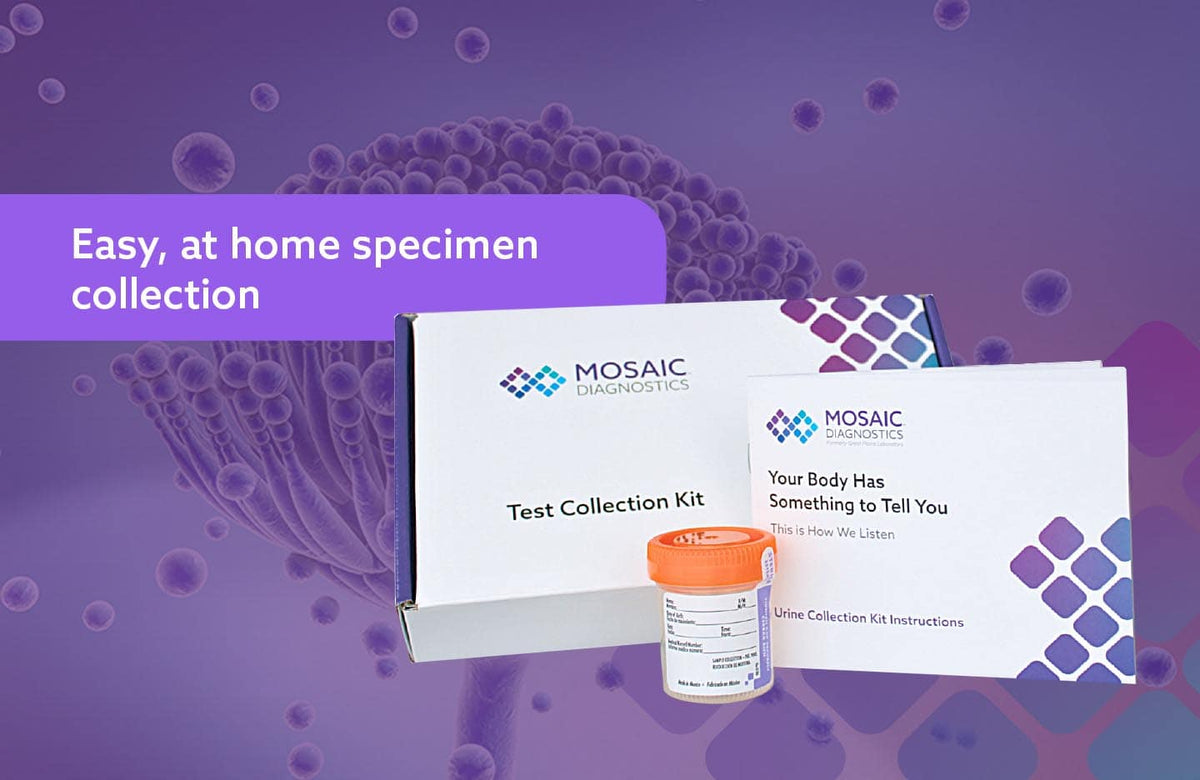 Mosaic Diagnostics Test Collection Kit shown with its box, small specimen container, and instruction booklet on a purple background with floating cell graphics and a banner reading 'Easy, at home specimen collection.'.