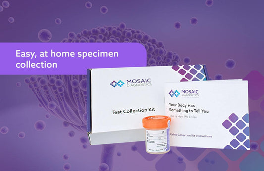 Mosaic Diagnostics Test Collection Kit shown with its box, small specimen container, and instruction booklet on a purple background with floating cell graphics and a banner reading 'Easy, at home specimen collection.'.