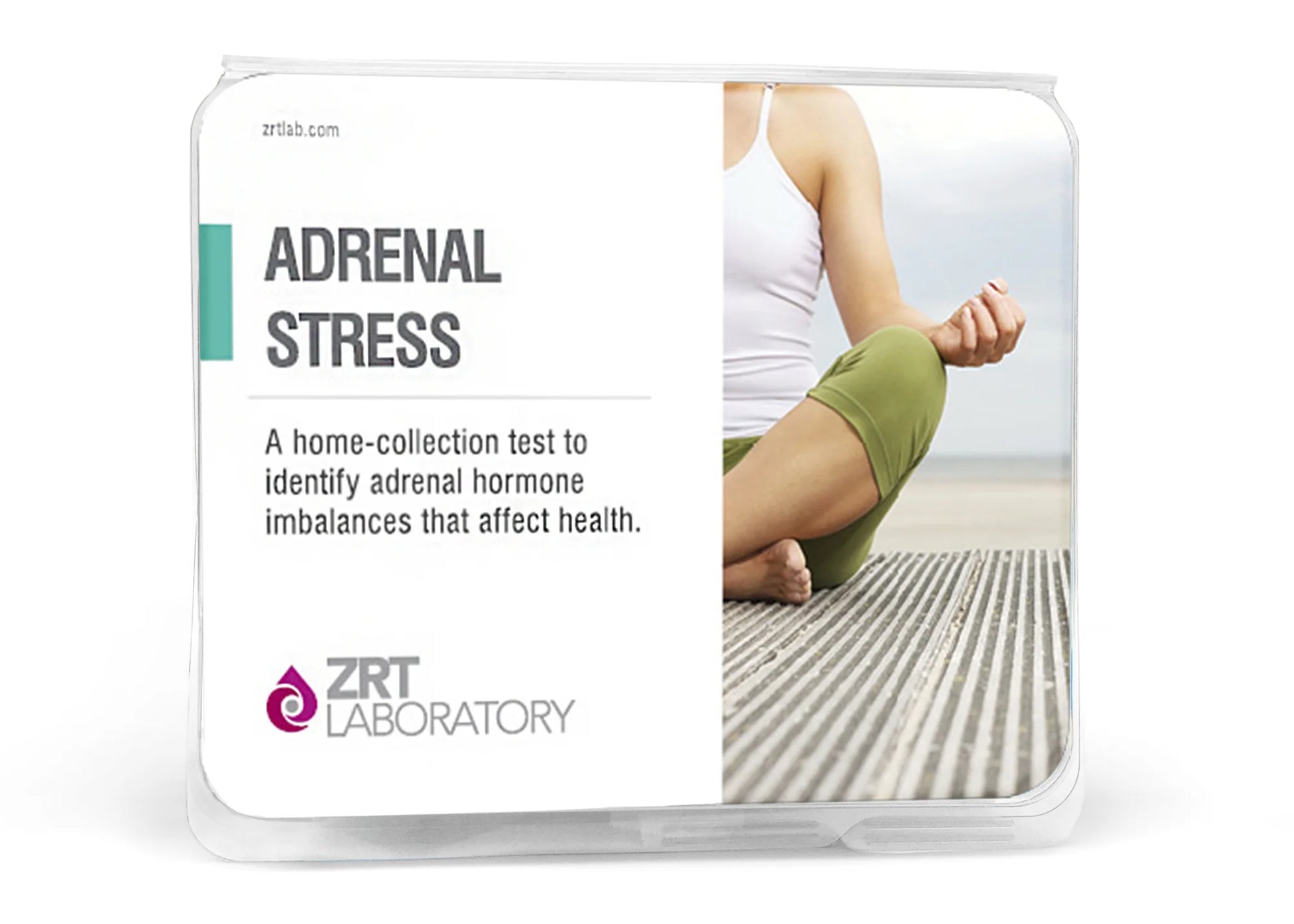 ZRT Laboratory adrenal stress test kit with a person sitting on a beach.